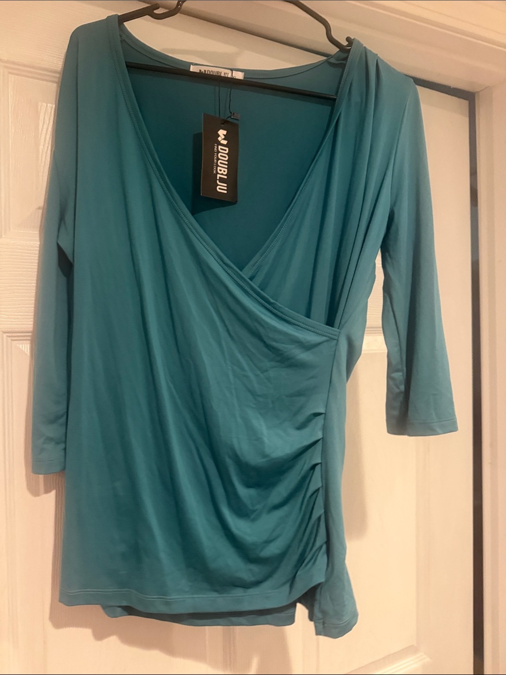 Doublju Teal Wrap-Style Long Sleeve Top